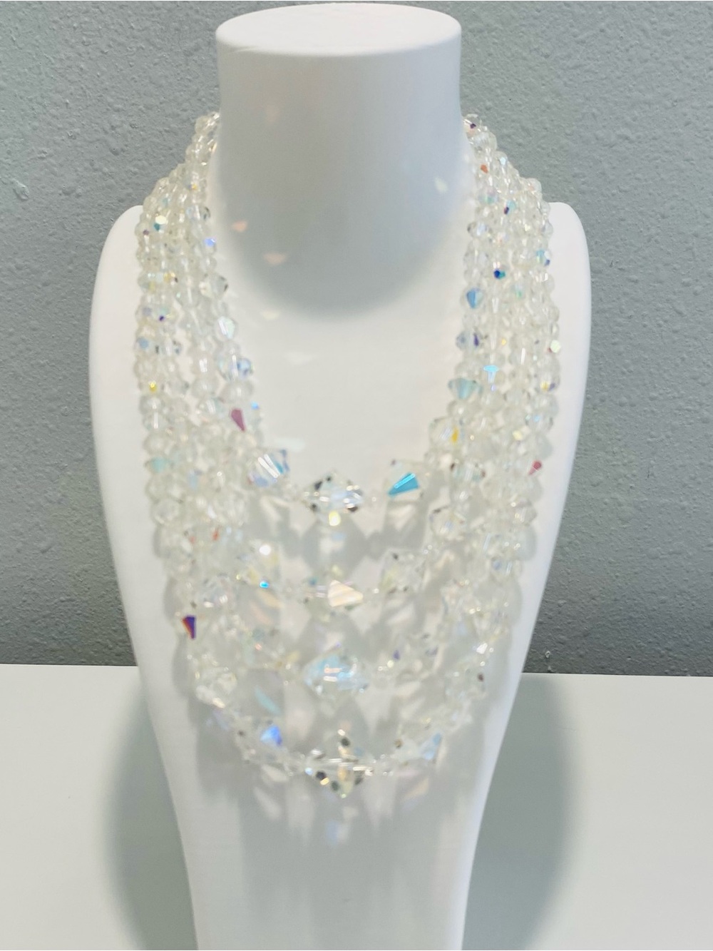 Vintage Aurora Borealis Crystal Necklace Choker Beaded Four Strand Graduated AB